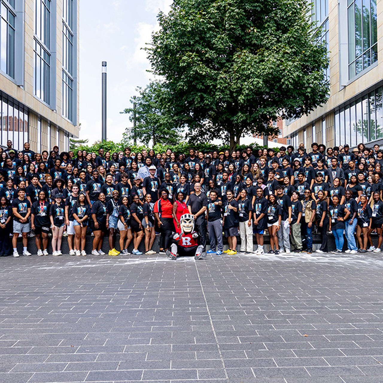Large group of students posing with the Scarlet Knight mascot image number 0
