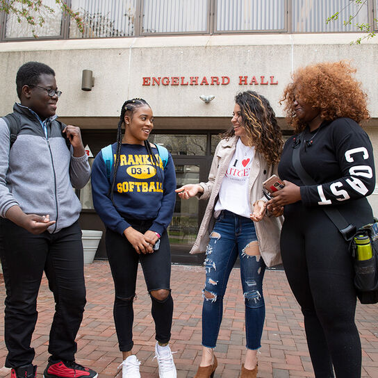 Students standing outside of Engelhard Hall at Rutgers-Newark image number 4