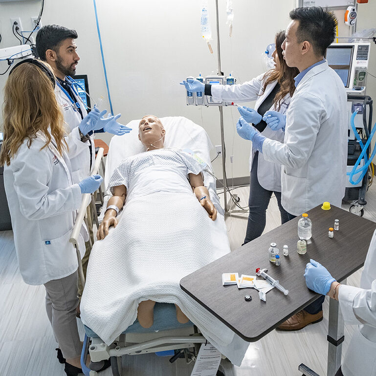 Pharmacy students working in simulation lab