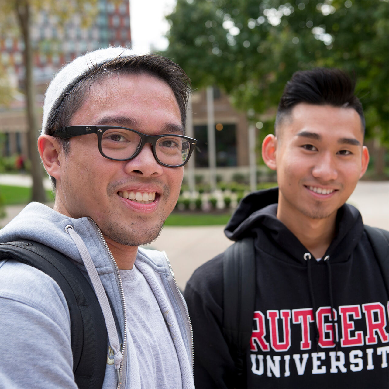 2 students smiling and standing outside on the Rutgers-Camden campus image number 0