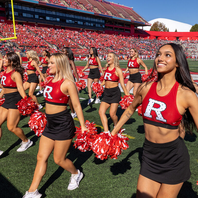 The Rutgers Dance Team doing a routine near the endzone at SHI Stadium during a football game